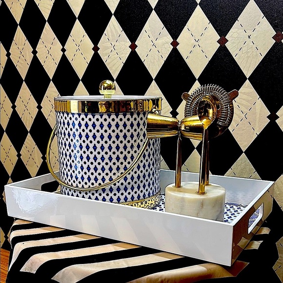 Blue & White Ice Bucket & Tray Set with Gold Trim | Bar Cart Glam - Picture 10 of 14